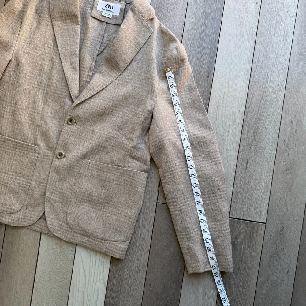 Zara Sartorial Linen/cotton Brown Check Unstructured Lightweight Blazer/Jacket